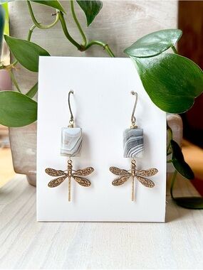 Handcrafted Botswana Agate & Brass Dragonfly Dangle Earrings